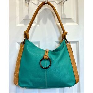 BRAND UNKNOWN - Pebbled Leather Shoulder Bag in Turquoise w/Light Brown Trim
